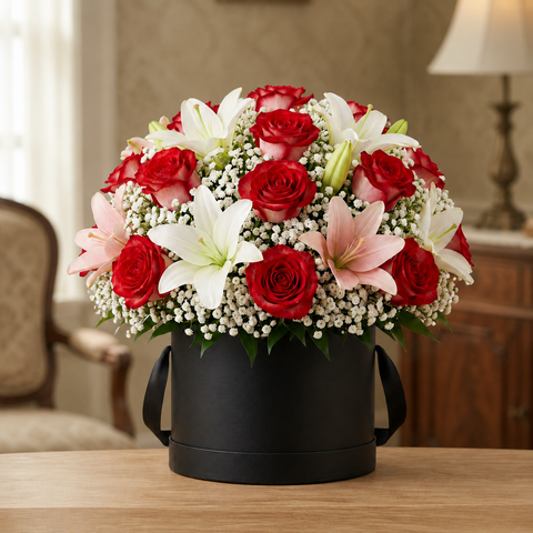 Red Bi-colour Roses & Lily Hatbox Arrangement