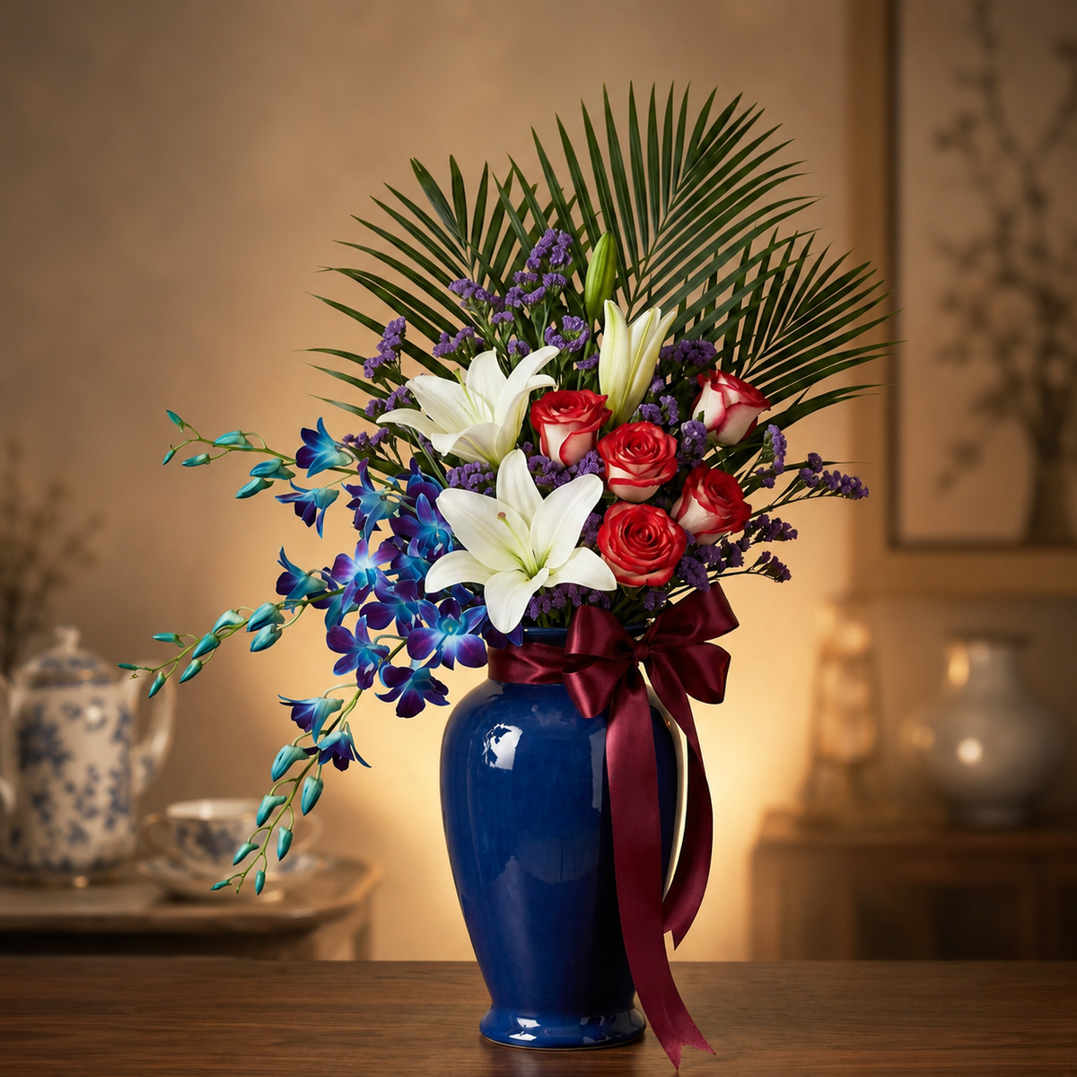 Regal Cascade Tall Vase Rose & Orchid Arrangement