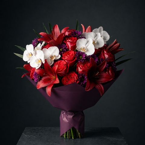 Plum Romance Hand-Tied Rose & Orchid Bouquet