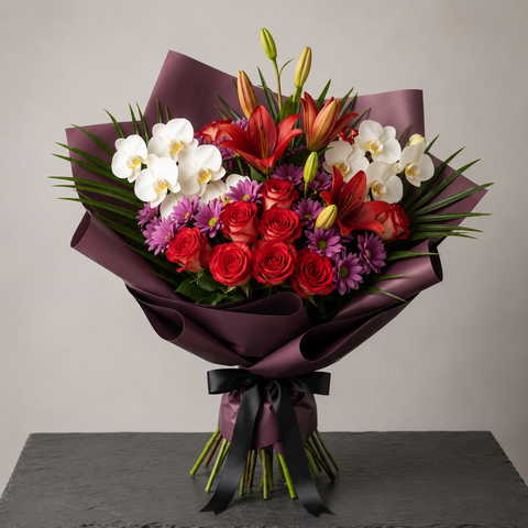 Crimson Eclipse Rose, Lily & Orchid Bouquet