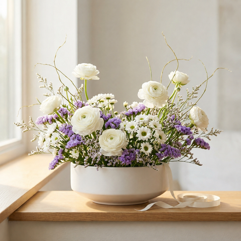 Ivory Meadow White Rose Bowl Arrangement