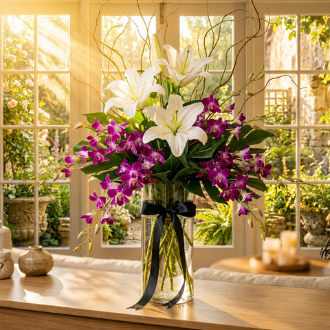 Golden Conservatory Lily & Orchid Vase