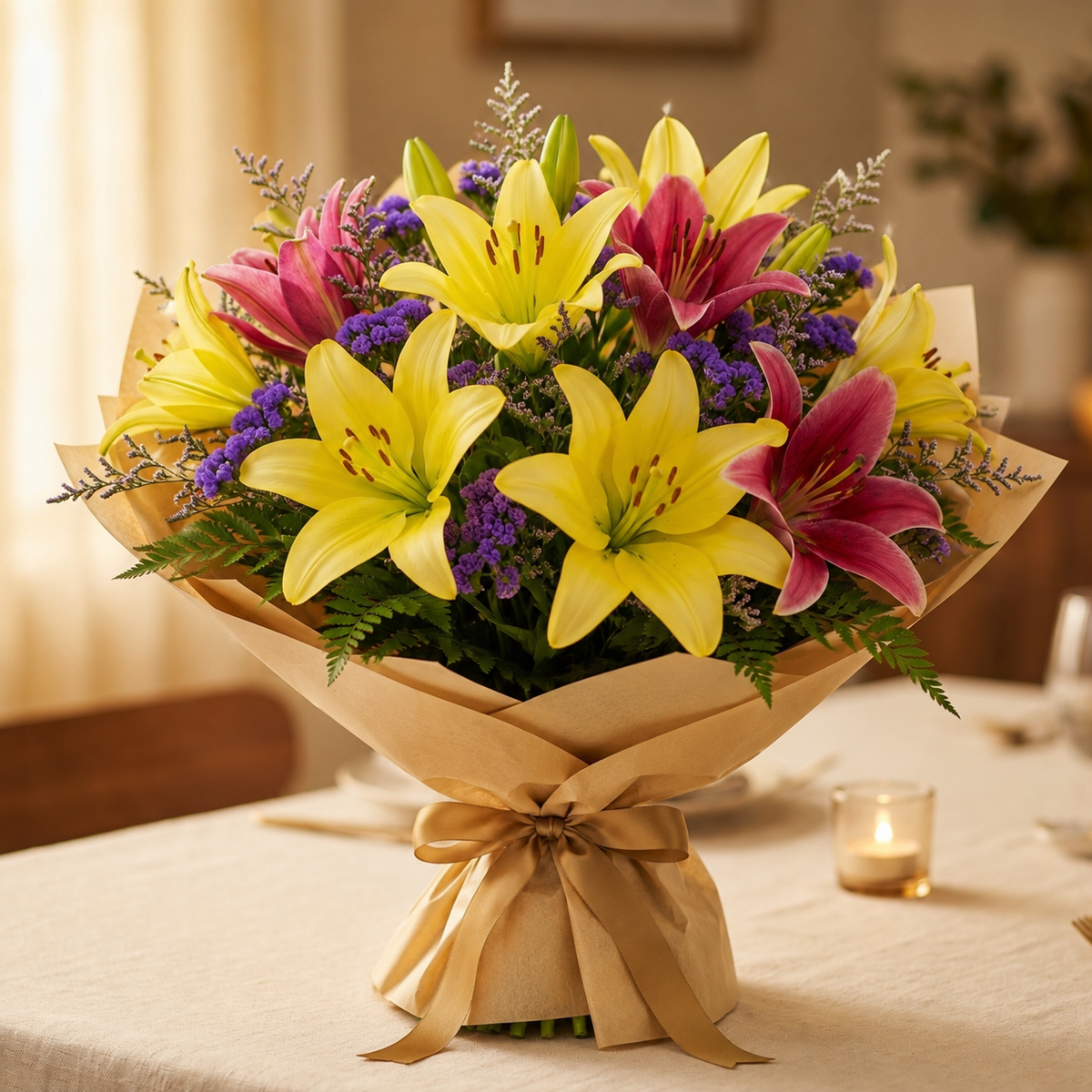 Sunset Symphony Yellow & Pink Lily Bouquet