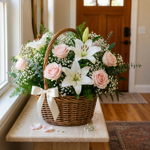Whispering Ivory Lily & Blush Rose Basket