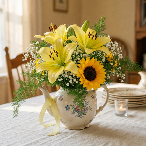 Golden Meadow Lily & Sunflower Teapot Arrangement
