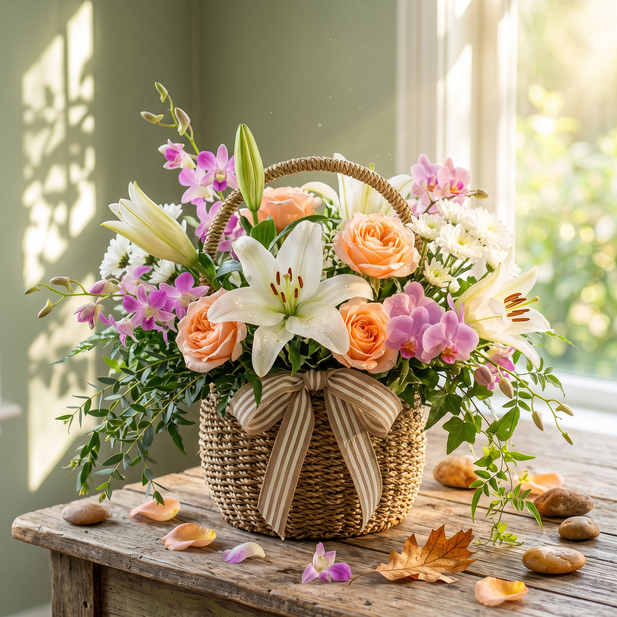 Garden Whisper Peach Rose & Lily Basket