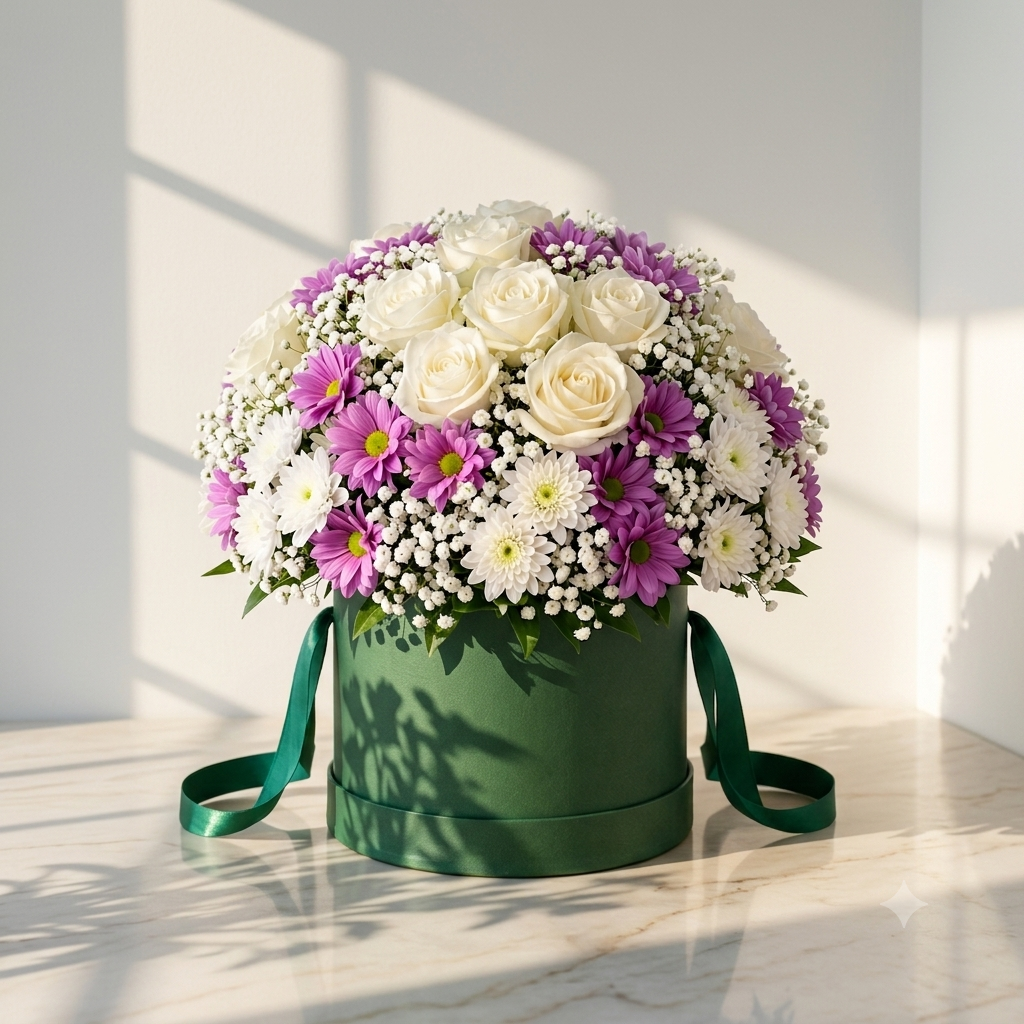 Pearl Rose & Lavender Daisy Luxury Hatbox Bouquet.