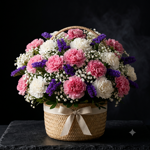 Moonlit Blush Carnation Flower Basket