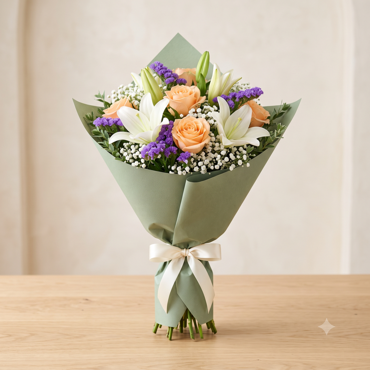 Sage Serenity Peach Rose & Lily Bouquet
