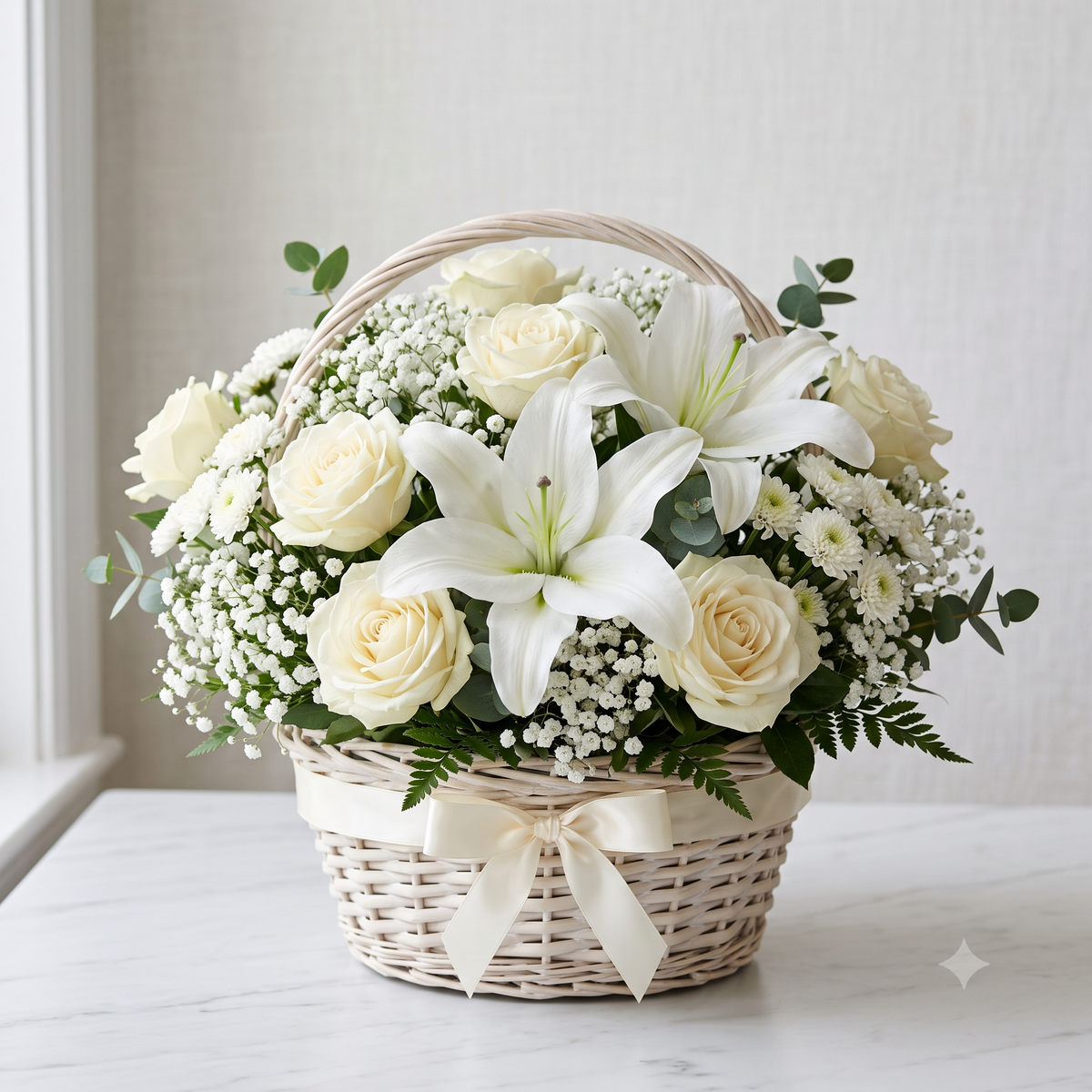 Ivory Grace White Rose & Lily Basket